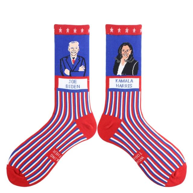 Election Spoof Funny President Donald Trump Socks With 3D Fake Hair Funny Crew Socks Unisex Compression Socks Streetwear Hip Hop Style Socks For Men And Women