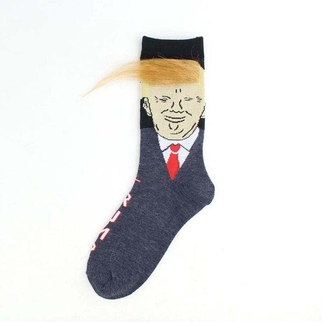 Election Spoof Funny President Donald Trump Socks With 3D Fake Hair Funny Crew Socks Unisex Compression Socks Streetwear Hip Hop Style Socks For Men And Women