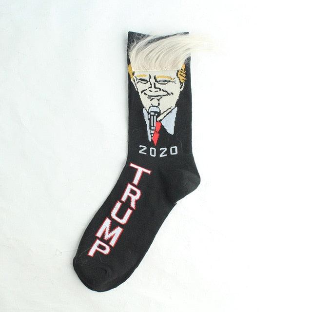 Election Spoof Funny President Donald Trump Socks With 3D Fake Hair Funny Crew Socks Unisex Compression Socks Streetwear Hip Hop Style Socks For Men And Women