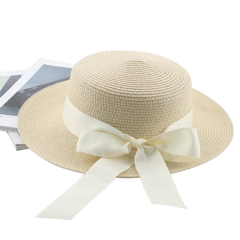 Elegant Adult Bucket Hat Beach Summer Straw Hats for Women Beach Sun Straw Hat Wide Luxury Comfortable Hat  Flat Top Ribbon Bowknot Elegant Luxury Women Summer Hat 56-58cm