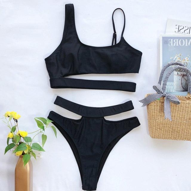 Elegant Black 2 Piece Bikini Push Up Swimwear Women's Neck Cut Out Front Lace Up Back High Cut Bikini Set Women Swimsuits Bathing Suit Comfortable Swimming Suit For Women