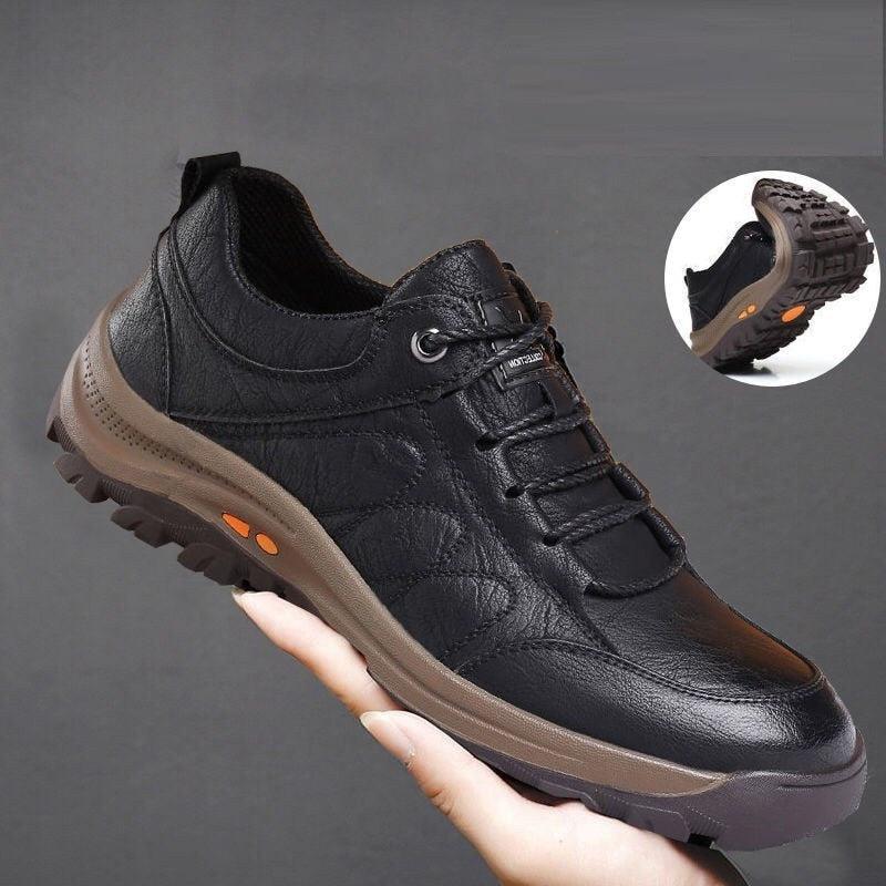 Elegant Black Leather Mens Business Boots Platform Winter Sneakers Without Lace Safety Shoe Quick-Drying Tactical Shoe Comfortable Sneaker Hiker Lightweight Ankle Motorcycle Mountain Running Short Boot