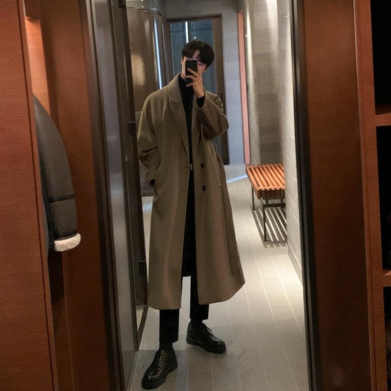 Elegant Brown Men Casual Overcoat Autumn Stylish New Trendy Warm Long Coat Elegant Warm Retro New Long Sleeve Comfortable Coat Classic Full Length Gentleman Overcoat