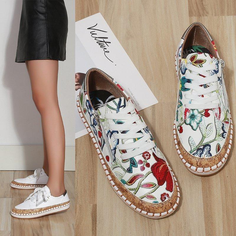 Elegant Floral Womens Sneakers Printed Lace Up Flat Shoes Fashion Round Toe Shoes Women Casual Sneakers Comfortable Tennis Shoes For Walking