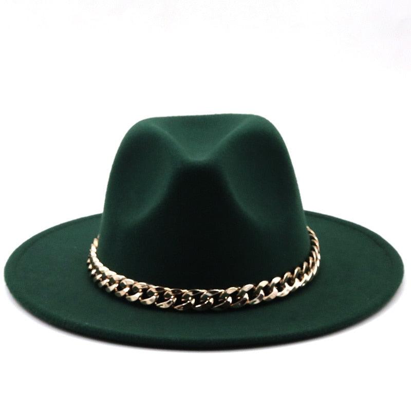 Elegant Green Fedora Hats Women Men Fedora Hats Wide Brim Fedora Hat Summer Chain Band Jazz Hats Winter Autumn Gentleman Outdoor Hat