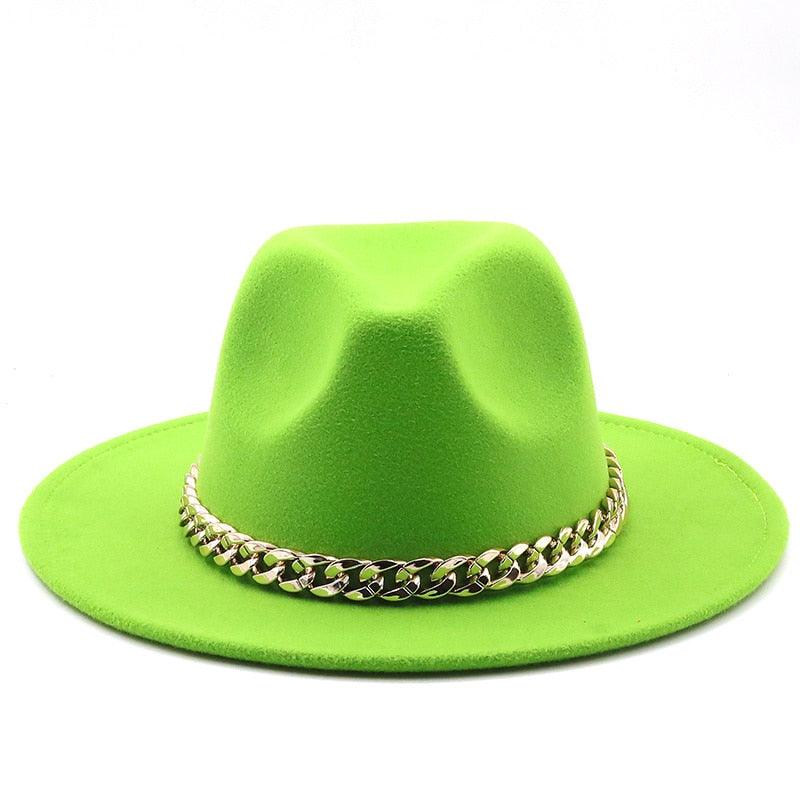 Elegant Green Fedora Hats Women Men Fedora Hats Wide Brim Fedora Hat Summer Chain Band Jazz Hats Winter Autumn Gentleman Outdoor Hat