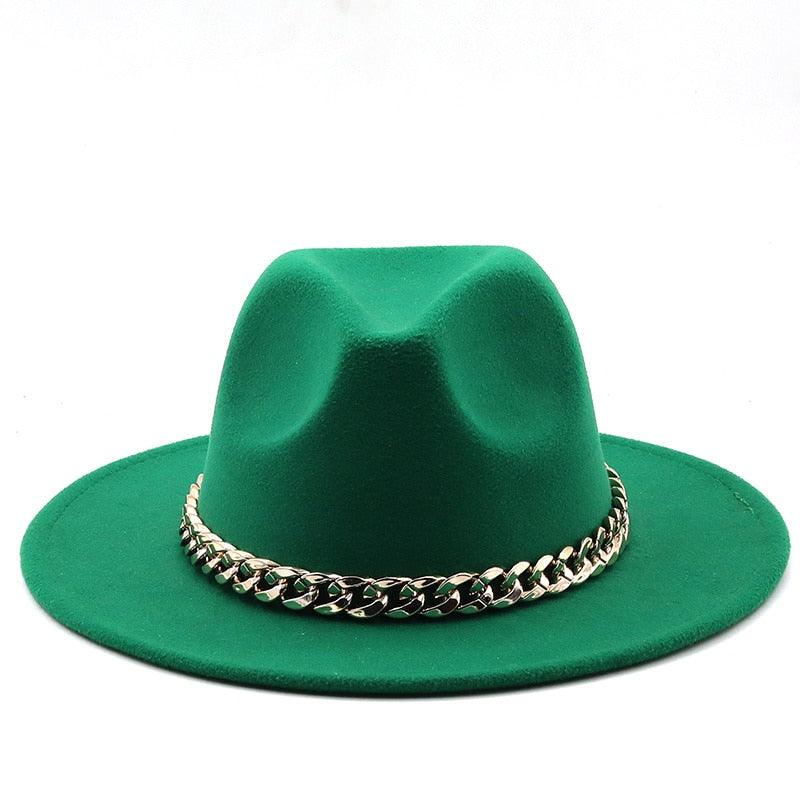 Elegant Green Fedora Hats Women Men Fedora Hats Wide Brim Fedora Hat Summer Chain Band Jazz Hats Winter Autumn Gentleman Outdoor Hat