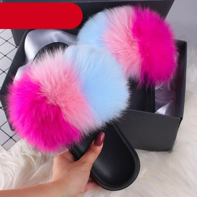 Elegant Indoor Fur Slippers For Women Fur Slides Flip Flops Beach Plush Fluffy Furry Slippers Furry Fuzzy Slides Open Toe Fluffy Slides Fox Fur Feather Sandals Fur Slip On Shoes For Women