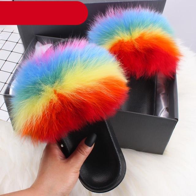 Elegant Indoor Fur Slippers For Women Fur Slides Flip Flops Beach Plush Fluffy Furry Slippers Furry Fuzzy Slides Open Toe Fluffy Slides Fox Fur Feather Sandals Fur Slip On Shoes For Women