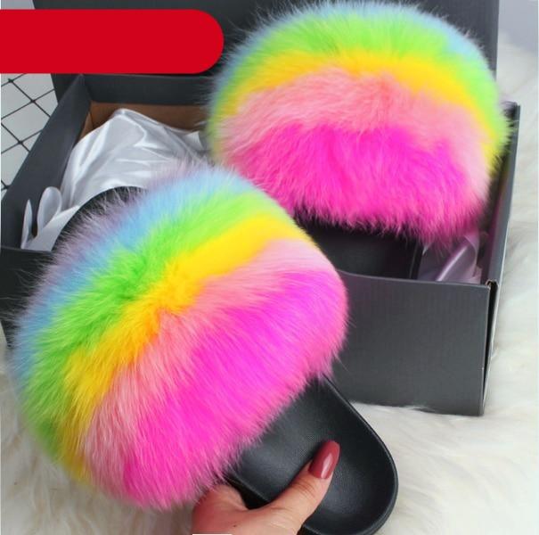 Elegant Indoor Fur Slippers For Women Fur Slides Flip Flops Beach Plush Fluffy Furry Slippers Furry Fuzzy Slides Open Toe Fluffy Slides Fox Fur Feather Sandals Fur Slip On Shoes For Women