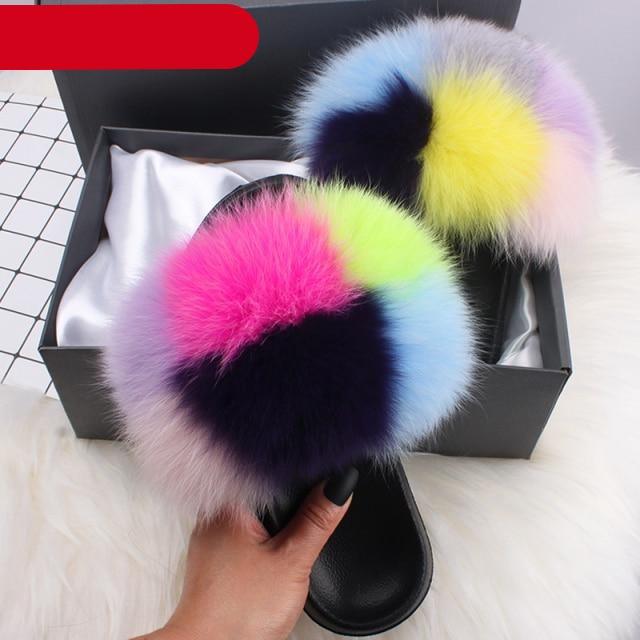 Elegant Indoor Fur Slippers For Women Fur Slides Flip Flops Beach Plush Fluffy Furry Slippers Furry Fuzzy Slides Open Toe Fluffy Slides Fox Fur Feather Sandals Fur Slip On Shoes For Women