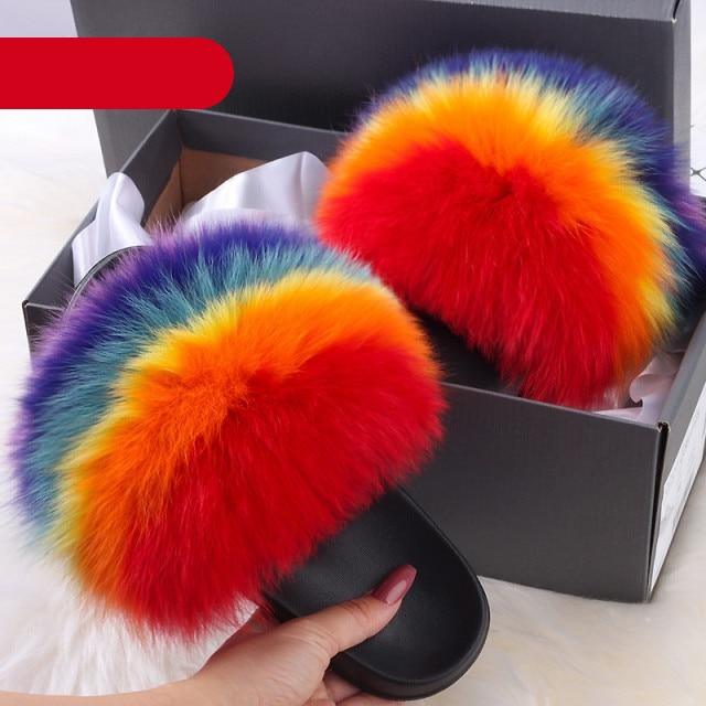 Elegant Indoor Fur Slippers For Women Fur Slides Flip Flops Beach Plush Fluffy Furry Slippers Furry Fuzzy Slides Open Toe Fluffy Slides Fox Fur Feather Sandals Fur Slip On Shoes For Women