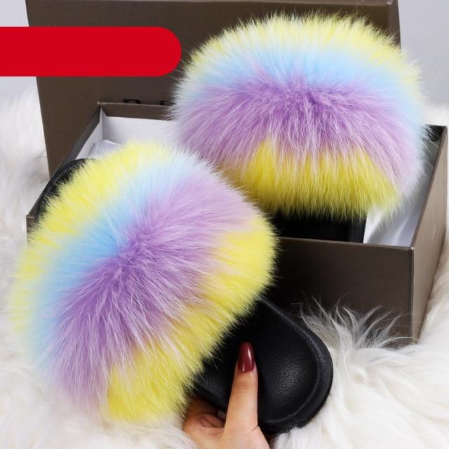 Elegant Indoor Fur Slippers For Women Fur Slides Flip Flops Beach Plush Fluffy Furry Slippers Furry Fuzzy Slides Open Toe Fluffy Slides Fox Fur Feather Sandals Fur Slip On Shoes For Women