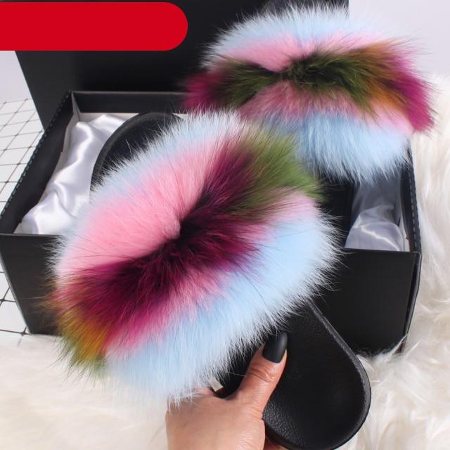 Elegant Indoor Fur Slippers For Women Fur Slides Flip Flops Beach Plush Fluffy Furry Slippers Furry Fuzzy Slides Open Toe Fluffy Slides Fox Fur Feather Sandals Fur Slip On Shoes For Women