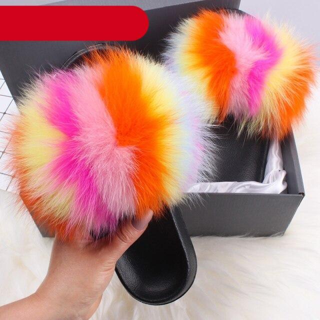 Elegant Indoor Fur Slippers For Women Fur Slides Flip Flops Beach Plush Fluffy Furry Slippers Furry Fuzzy Slides Open Toe Fluffy Slides Fox Fur Feather Sandals Fur Slip On Shoes For Women