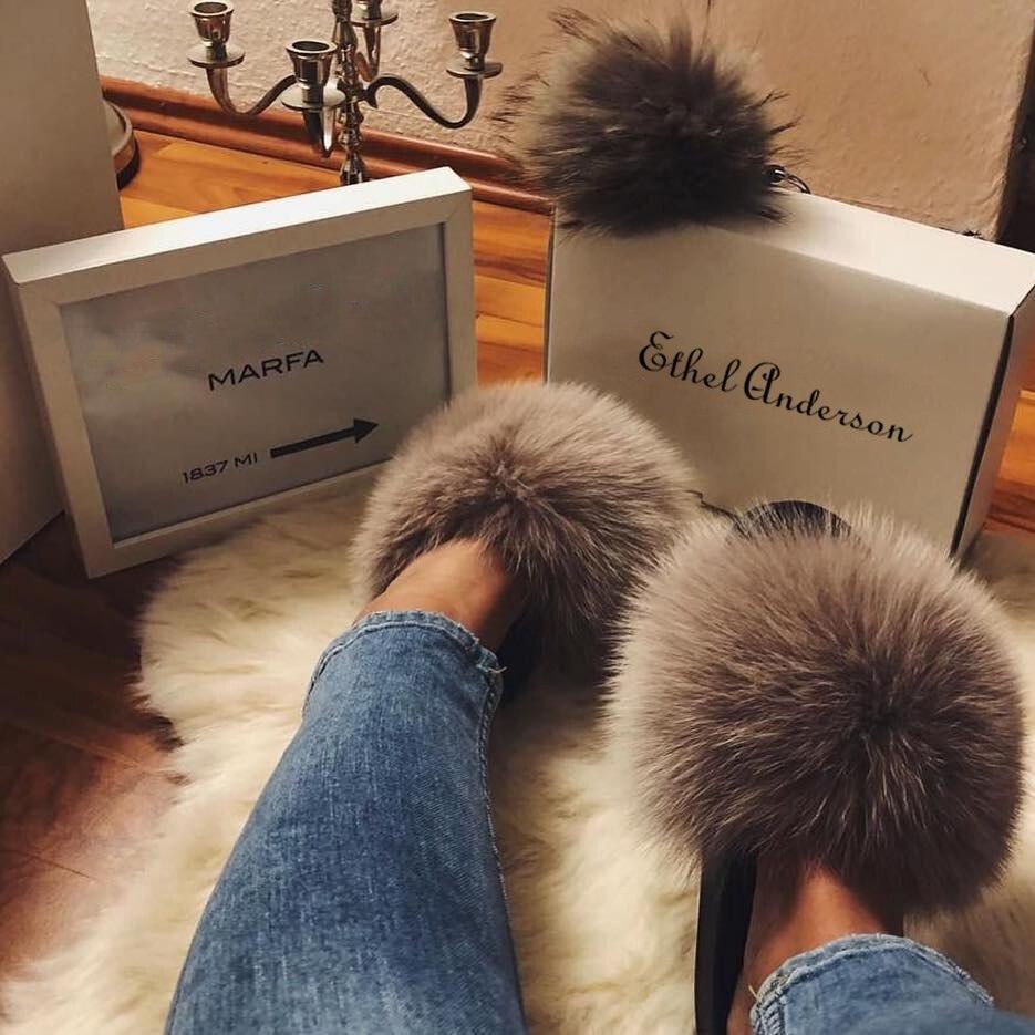 Elegant Indoor Fur Slippers For Women Fur Slides Flip Flops Beach Plush Fluffy Furry Slippers Furry Fuzzy Slides Open Toe Fluffy Slides Fox Fur Feather Sandals Fur Slip On Shoes For Women