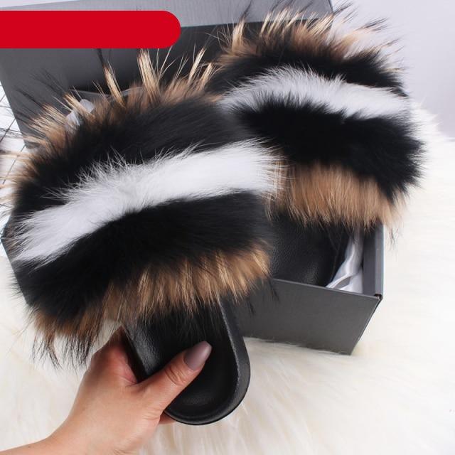 Elegant Indoor Fur Slippers For Women Fur Slides Flip Flops Beach Plush Fluffy Furry Slippers Furry Fuzzy Slides Open Toe Fluffy Slides Fox Fur Feather Sandals Fur Slip On Shoes For Women