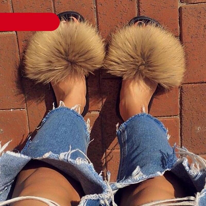 Elegant Indoor Fur Slippers For Women Fur Slides Flip Flops Beach Plush Fluffy Furry Slippers Furry Fuzzy Slides Open Toe Fluffy Slides Fox Fur Feather Sandals Fur Slip On Shoes For Women