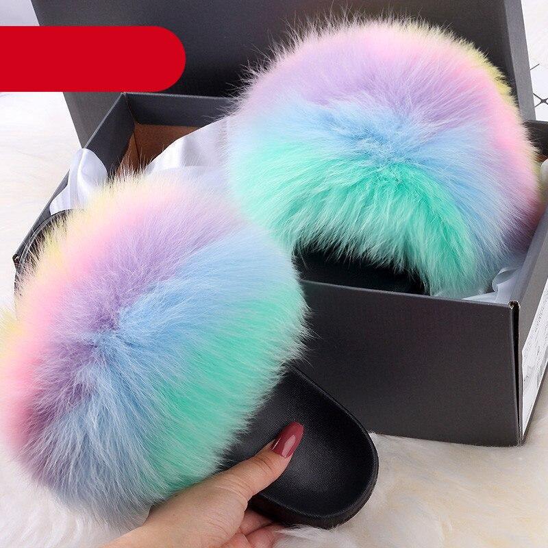 Elegant Indoor Fur Slippers For Women Fur Slides Flip Flops Beach Plush Fluffy Furry Slippers Furry Fuzzy Slides Open Toe Fluffy Slides Fox Fur Feather Sandals Fur Slip On Shoes For Women