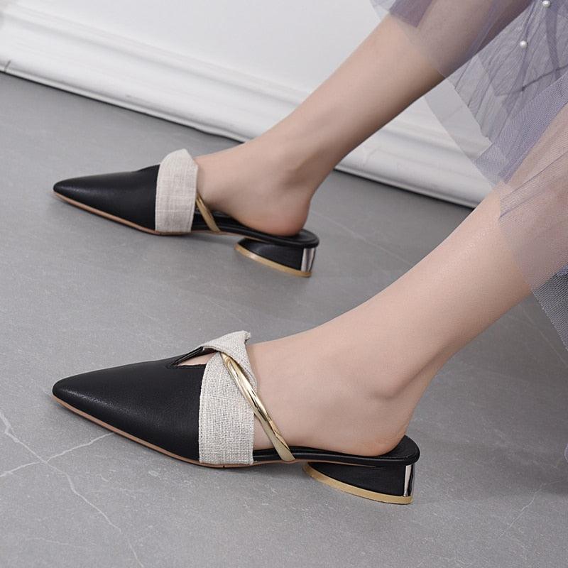 Elegant Low Heel Women Summer Pointed-Toe Slippers Slip On Office Shoes Luxury Women Slip On Comfortable Pointed Toe Womens Loafers Backless Low Heel Slide Slippers