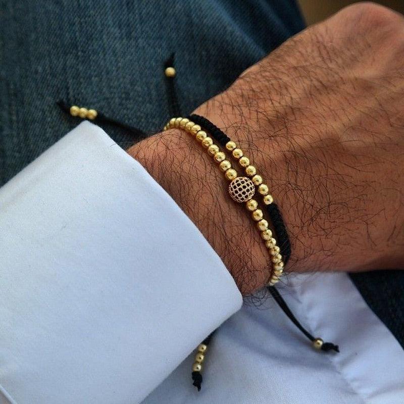 Elegant Men Gold Couple Bracelet Set Beads Men Jewelry Adjustable Bracelets For Women Ball Armband Bangles Luxury Imperial Braided Luxury Bracelets Beads Bangle Charm Jewelry For Men Boys