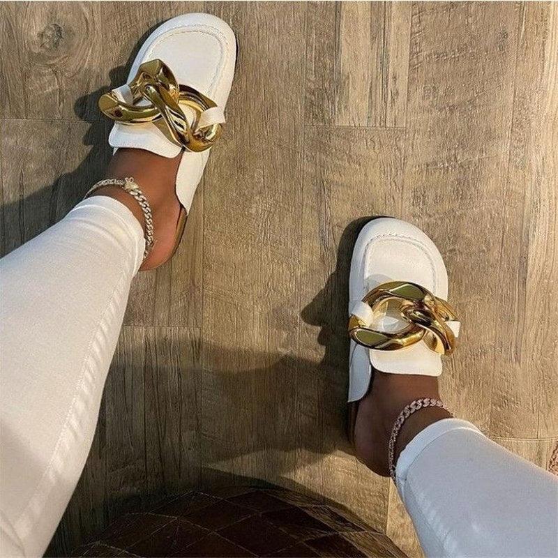 Elegant Metal Chain Design Women Slipper Closed Toe Slip On Shoes Round Toe Low Heels Casual Slides Shoes Flats Loafer Gold Chain Casual Shoes Slip On Women's Slide Sandals Slipers