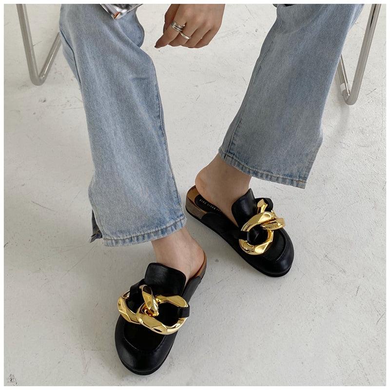 Elegant Metal Chain Design Women Slipper Closed Toe Slip On Shoes Round Toe Low Heels Casual Slides Shoes Flats Loafer Gold Chain Casual Shoes Slip On Women's Slide Sandals Slipers