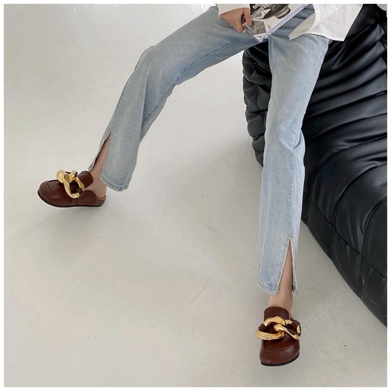 Elegant Metal Chain Design Women Slipper Closed Toe Slip On Shoes Round Toe Low Heels Casual Slides Shoes Flats Loafer Gold Chain Casual Shoes Slip On Women's Slide Sandals Slipers