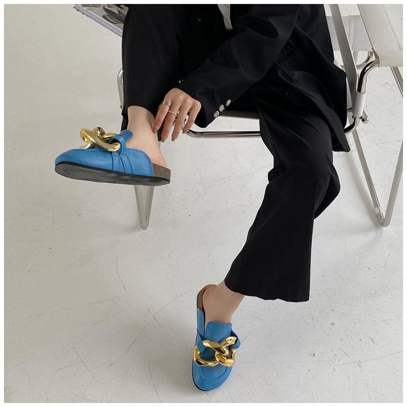 Elegant Metal Chain Design Women Slipper Closed Toe Slip On Shoes Round Toe Low Heels Casual Slides Shoes Flats Loafer Gold Chain Casual Shoes Slip On Women's Slide Sandals Slipers