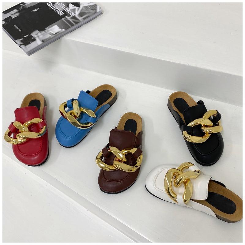 Elegant Metal Chain Design Women Slipper Closed Toe Slip On Shoes Round Toe Low Heels Casual Slides Shoes Flats Loafer Gold Chain Casual Shoes Slip On Women's Slide Sandals Slipers