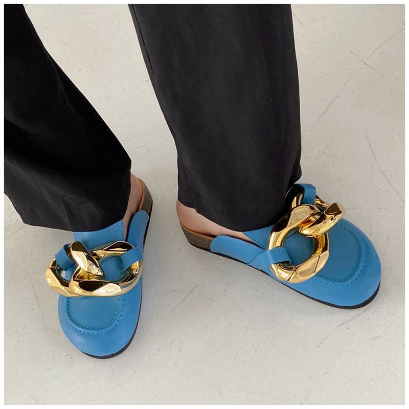 Elegant Metal Chain Design Women Slipper Closed Toe Slip On Shoes Round Toe Low Heels Casual Slides Shoes Flats Loafer Gold Chain Casual Shoes Slip On Women's Slide Sandals Slipers