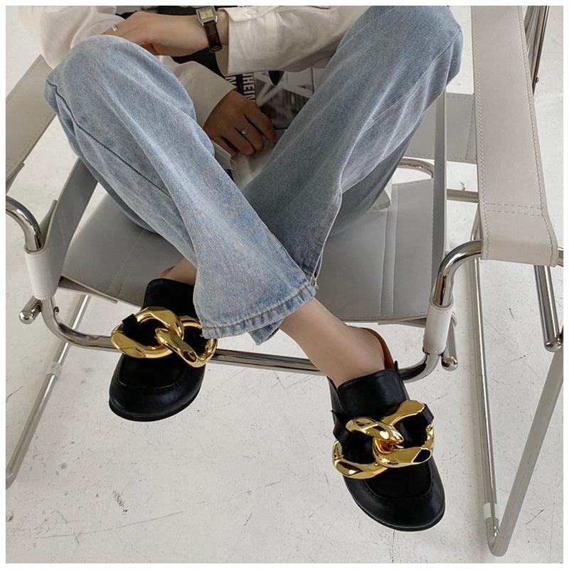 Elegant Metal Chain Design Women Slipper Closed Toe Slip On Shoes Round Toe Low Heels Casual Slides Shoes Flats Loafer Gold Chain Casual Shoes Slip On Women's Slide Sandals Slipers