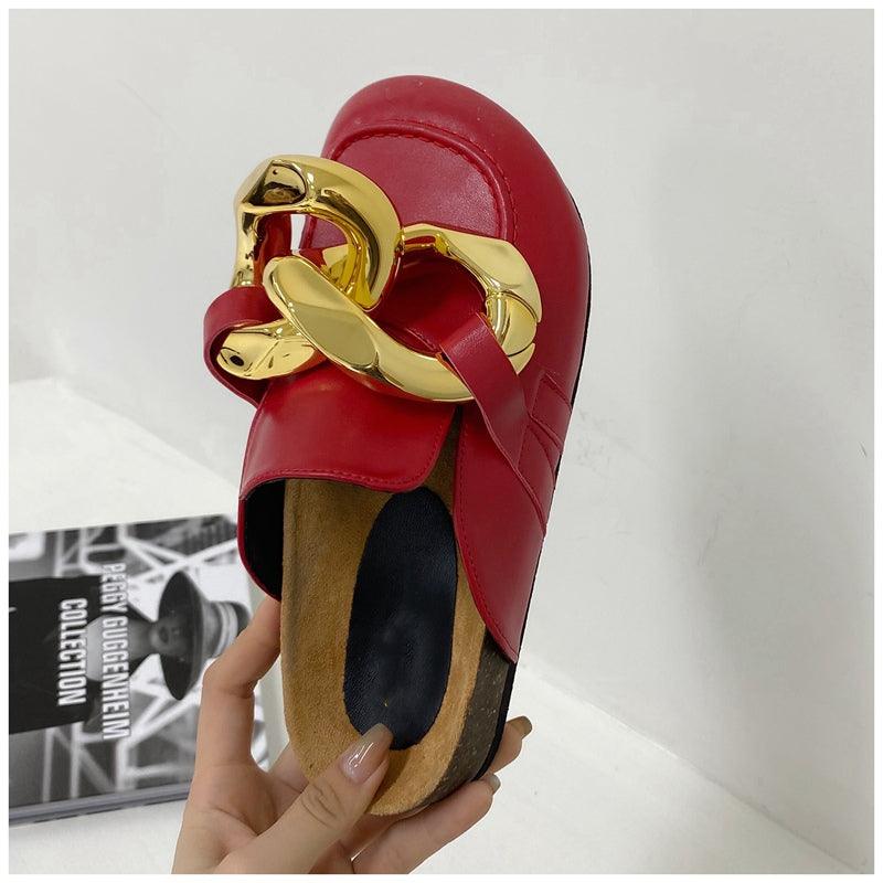 Elegant Metal Chain Design Women Slipper Closed Toe Slip On Shoes Round Toe Low Heels Casual Slides Shoes Flats Loafer Gold Chain Casual Shoes Slip On Women's Slide Sandals Slipers