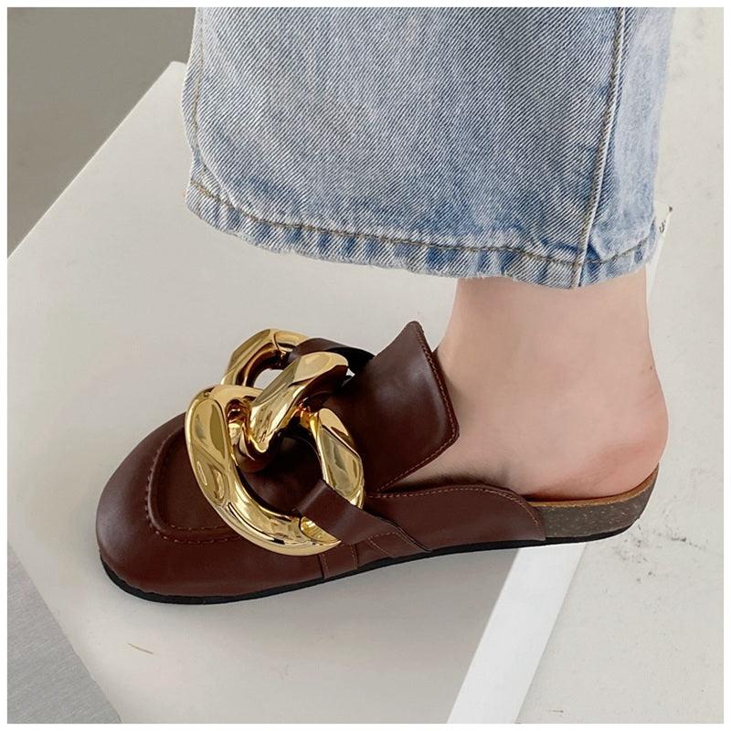 Elegant Metal Chain Design Women Slipper Closed Toe Slip On Shoes Round Toe Low Heels Casual Slides Shoes Flats Loafer Gold Chain Casual Shoes Slip On Women's Slide Sandals Slipers