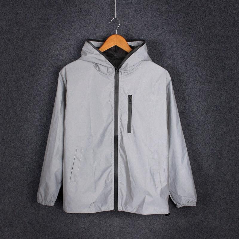 Elegant Modern Reflective Plus Size Jacket Men Spring Autumn Windbreaker Packable Jacket Male Hooded Coats Hooded Fluorescent Clothing Reflective Jacket Coat Fashion Running Jacket