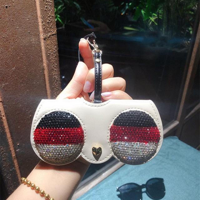 Elegant Rhinestones Glasses Case Diamond Sunglasses Bag Leather Cute Sunglasses Cases Glitter PU Leather Glasses Case Pattern Fashion Eyeglasses Clip Multi-Function Sunglasses Bag