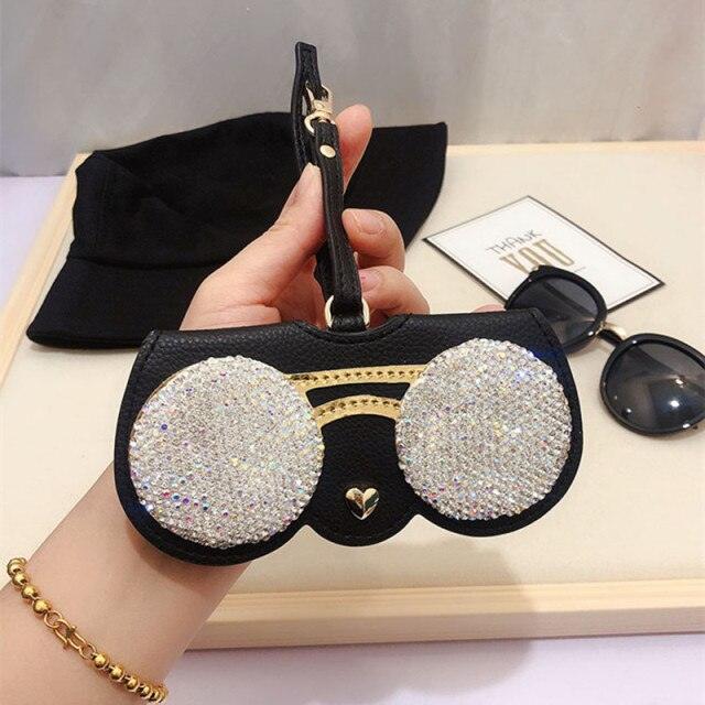 Elegant Rhinestones Glasses Case Diamond Sunglasses Bag Leather Cute Sunglasses Cases Glitter PU Leather Glasses Case Pattern Fashion Eyeglasses Clip Multi-Function Sunglasses Bag