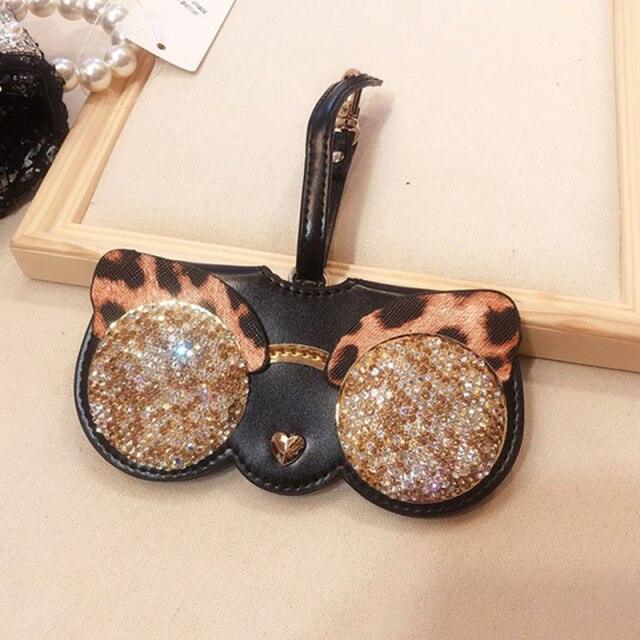 Elegant Rhinestones Glasses Case Diamond Sunglasses Bag Leather Cute Sunglasses Cases Glitter PU Leather Glasses Case Pattern Fashion Eyeglasses Clip Multi-Function Sunglasses Bag