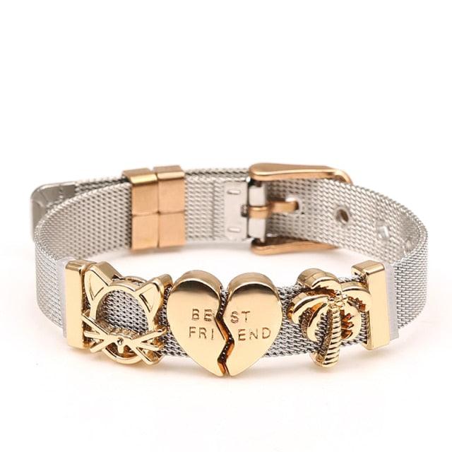 Elegant Stainless Steel Mesh Bracelets For Women Men Golden Love Heart Beaded 10mm Ribbon Mesh Bracelet Women Fashion Stainless Steel Silver Gold Clear Rhinestones Charm Mesh Belt Buckle Bracelet