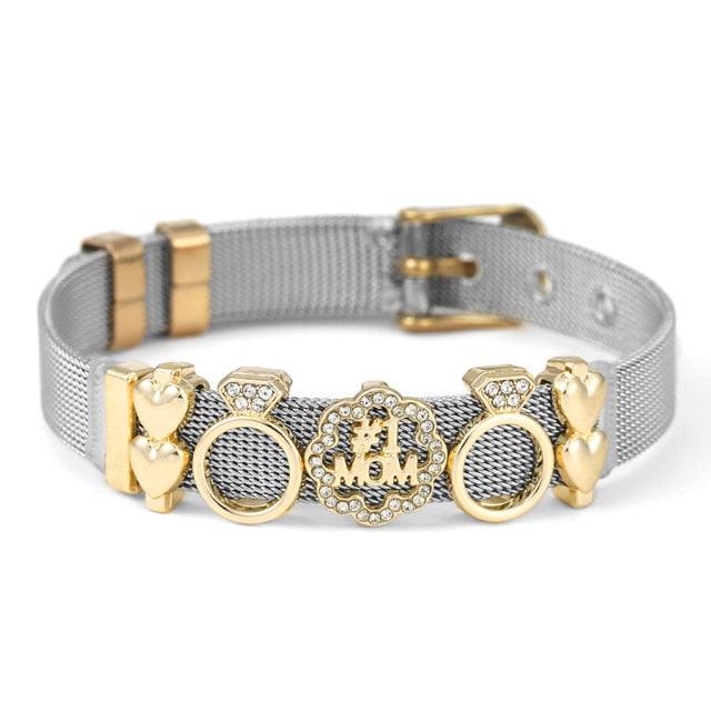 Elegant Stainless Steel Mesh Bracelets For Women Men Golden Love Heart Beaded 10mm Ribbon Mesh Bracelet Women Fashion Stainless Steel Silver Gold Clear Rhinestones Charm Mesh Belt Buckle Bracelet