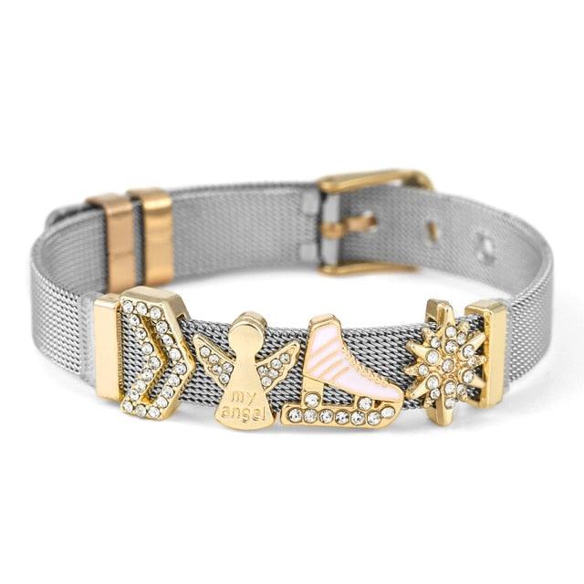 Elegant Stainless Steel Mesh Bracelets For Women Men Golden Love Heart Beaded 10mm Ribbon Mesh Bracelet Women Fashion Stainless Steel Silver Gold Clear Rhinestones Charm Mesh Belt Buckle Bracelet