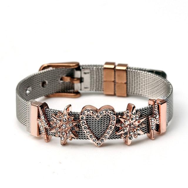 Elegant Stainless Steel Mesh Bracelets For Women Men Golden Love Heart Beaded 10mm Ribbon Mesh Bracelet Women Fashion Stainless Steel Silver Gold Clear Rhinestones Charm Mesh Belt Buckle Bracelet