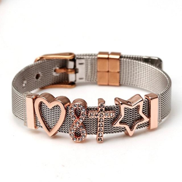 Elegant Stainless Steel Mesh Bracelets For Women Men Golden Love Heart Beaded 10mm Ribbon Mesh Bracelet Women Fashion Stainless Steel Silver Gold Clear Rhinestones Charm Mesh Belt Buckle Bracelet