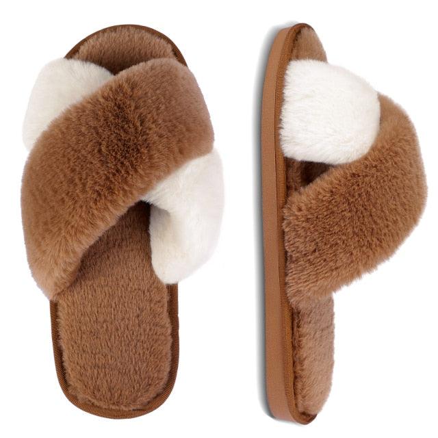 Elegant Warm Fluffy Slippers Women Faux Fur Indoor Floor Slides Flat Soft Furry Shoes Non Slip House Soft Plush Cozy House Shoes Furry Open Toe Indoor Outdoor Slip On Warm Winter Shoes