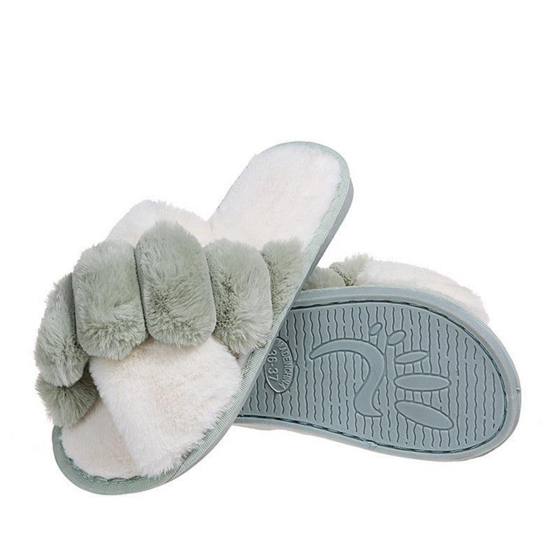 Elegant Warm Fluffy Slippers Women Faux Fur Indoor Floor Slides Flat Soft Furry Shoes Non Slip House Soft Plush Cozy House Shoes Furry Open Toe Indoor Outdoor Slip On Warm Winter Shoes