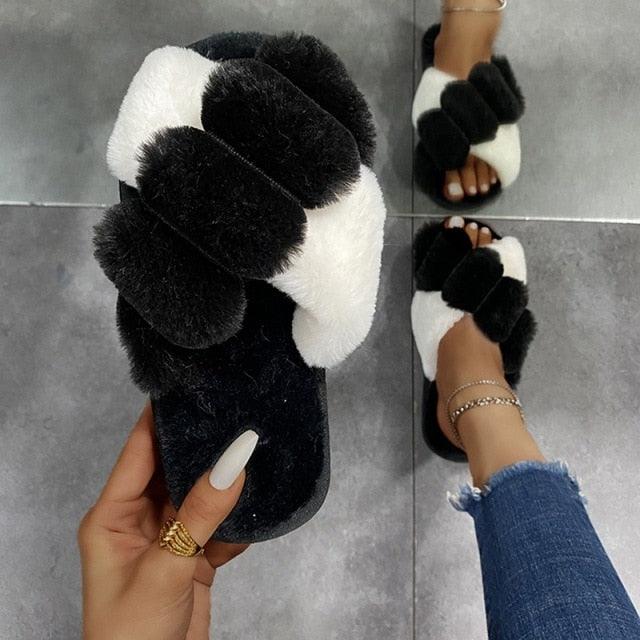 Elegant Warm Fluffy Slippers Women Faux Fur Indoor Floor Slides Flat Soft Furry Shoes Non Slip House Soft Plush Cozy House Shoes Furry Open Toe Indoor Outdoor Slip On Warm Winter Shoes