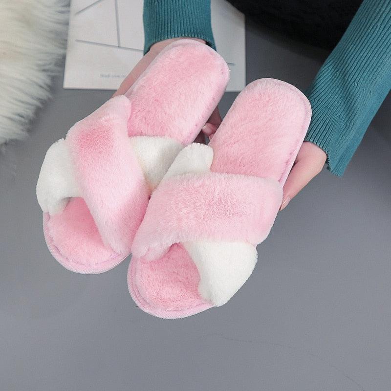 Elegant Warm Fluffy Slippers Women Faux Fur Indoor Floor Slides Flat Soft Furry Shoes Non Slip House Soft Plush Cozy House Shoes Furry Open Toe Indoor Outdoor Slip On Warm Winter Shoes