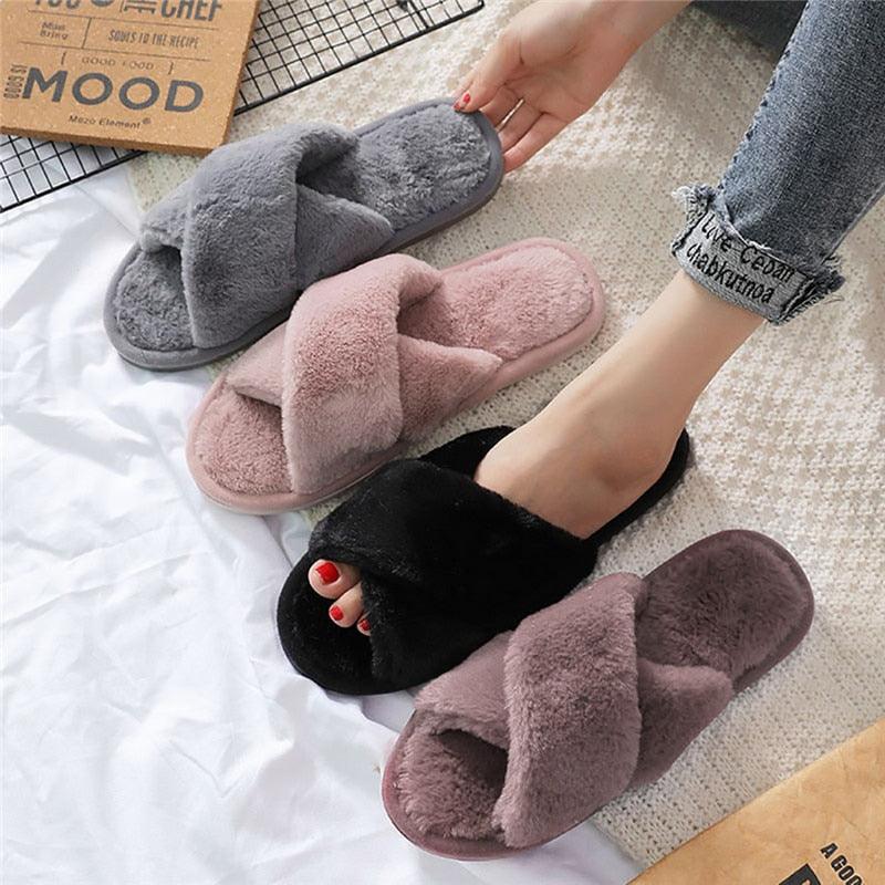 Elegant Warm Fluffy Slippers Women Faux Fur Indoor Floor Slides Flat Soft Furry Shoes Non Slip House Soft Plush Cozy House Shoes Furry Open Toe Indoor Outdoor Slip On Warm Winter Shoes