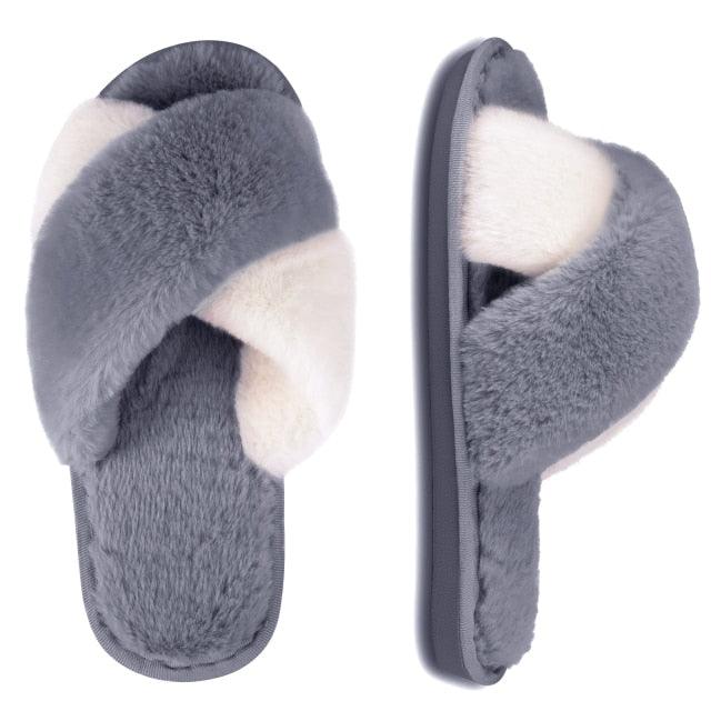 Elegant Warm Fluffy Slippers Women Faux Fur Indoor Floor Slides Flat Soft Furry Shoes Non Slip House Soft Plush Cozy House Shoes Furry Open Toe Indoor Outdoor Slip On Warm Winter Shoes