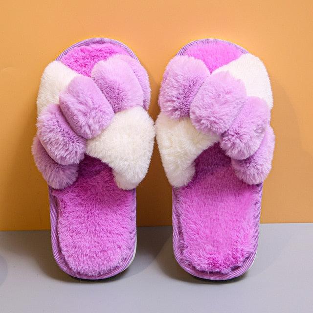 Elegant Warm Fluffy Slippers Women Faux Fur Indoor Floor Slides Flat Soft Furry Shoes Non Slip House Soft Plush Cozy House Shoes Furry Open Toe Indoor Outdoor Slip On Warm Winter Shoes